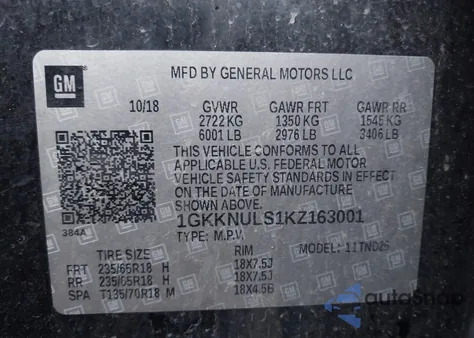 2019 GMC Acadia Slt-1 z USA, uszkodzony, nr VIN 1GKKNULS1KZ163001